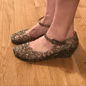 Vintage style glitter wedges jelly shoes heels